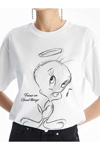 LC Waikiki Γυναικείο μπλουζάκι LCW Vision Tweety Printed Oversize - Πλήρης λαιμόκοψη, κοντό μανίκι