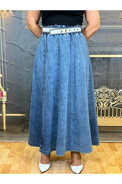 Yeşilmoda etek kot kumaş yüksek kalite Kemerli kloş beli lastikli mavi