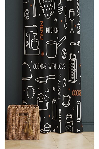 ALAMODECOR Mutfak Aletleri Desenli Siyah Ve Beyaz Renk Mutfak Fon Perdesi Tek...
