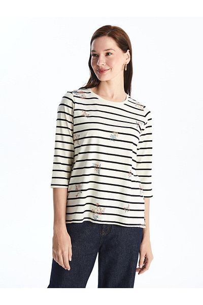 LC Waikiki Γυναικείο ριγέ μπλουζάκι LCW Grace Crew Neck