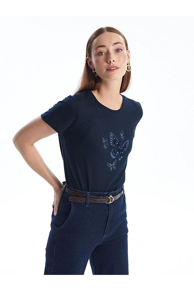 LC Waikiki LCWAIKIKI - Classic Crew Neck Women's T-Shirt, Sequin Embroidered, Short Sleeve