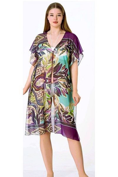 Sunsurf Purple-Green Patterned Chiffon Knee Length Gilet Pareo