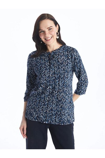 LC Waikiki LCW Grace Tie-Up Collar Print Women's T-Shirt