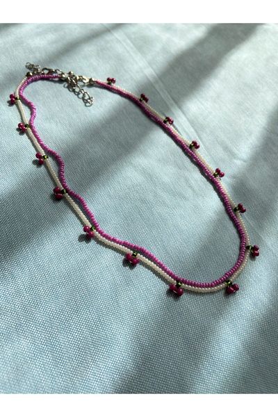 Chamis Fuchsia and White Bead Detailed 2-piece Cherry Necklace Set