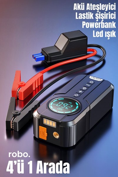 ROBO 4'ü 1 Arada Şarjlı Akü Ateşleyici Lastik Şişirici Powerbank Led Işık 150...