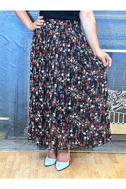 Yeşilmoda etek şifon kumaş desenli beli lastikli astarlı piliseli kloş renkli