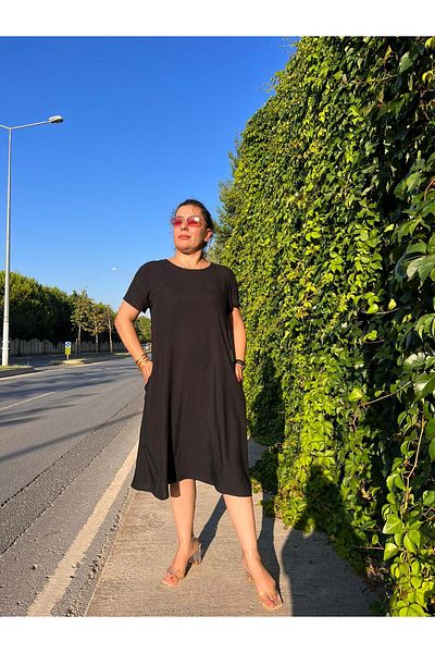 MJORA Μαύρο Βασικό Βαμβακερό Φόρεμα με Τσέπες