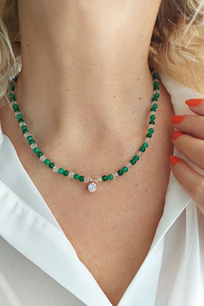 VAOOV 925 Ayar Gümüş Yeşil Jade Taşlı Tektaş Kolye