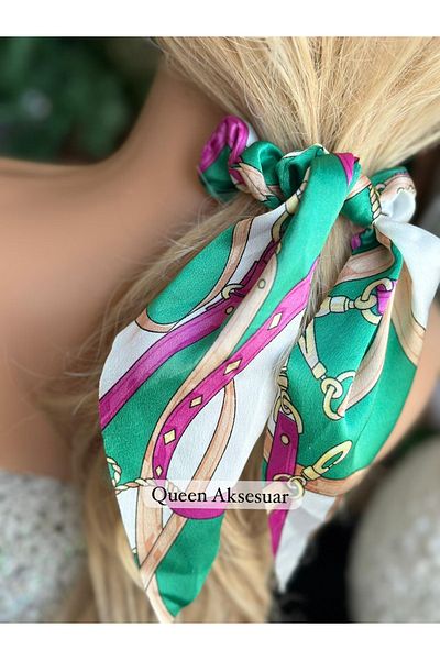 Queen Nelly Trend Fashion - Chain Belted, Patterned Scarf Shawl, Scarf Pendant Lamp - Pink Green Satin