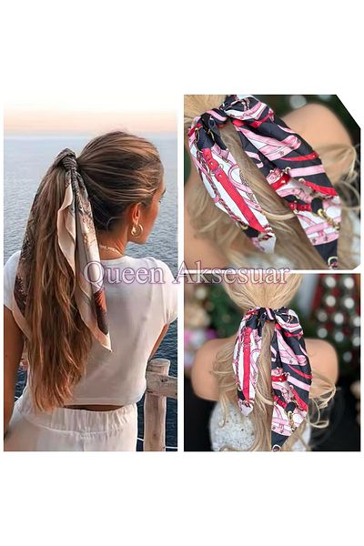Queen Nelly Trend Fashion - Black Red Satin Scarf Shawl Scarf with Chain Belt and Motif Pattern