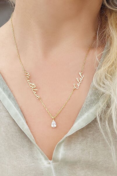 VAOOV 925 Ayar Gümüş Iki Isimli Damla Taşlı Kolye