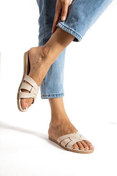 MY MİA MODA Ringed Cream Women's Slippers Outdoor and Home Slippers