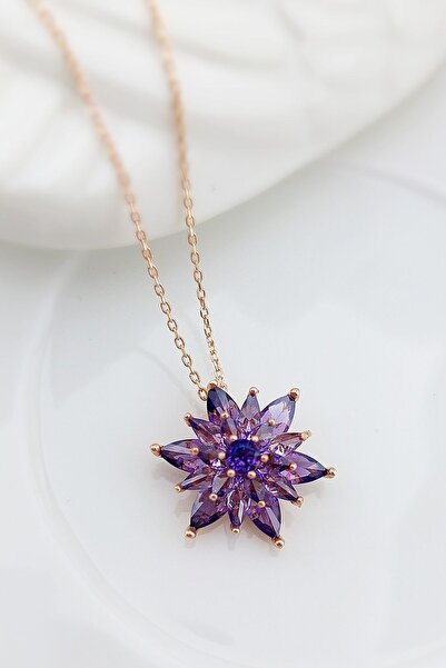 VAOOV 925 Ayar Gümüş Mor Taşlı Lotus Kolye