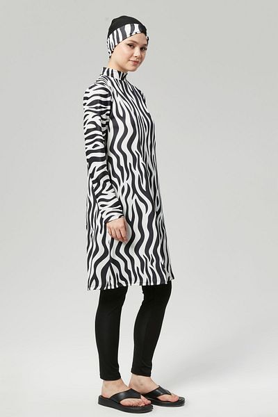 FİT1BEDEN Full Covered Water Repellent Fast Drying Hijab Swimsuit Suit Zebra Model 1010