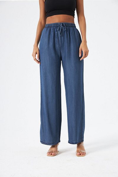 MİA NOURA Pantaloni din denim cu picioare late, cu talie elastică și șireturi