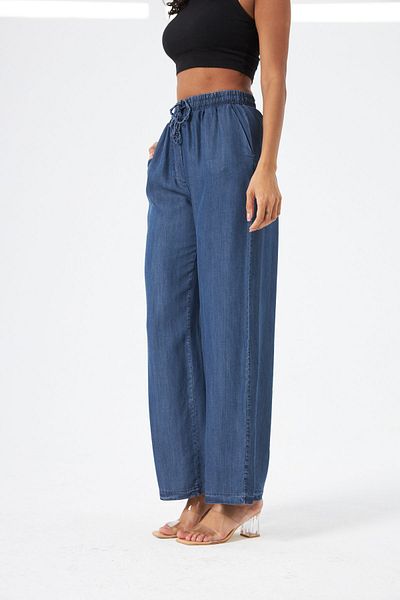 MİA NOURA Pantaloni din denim cu picioare late, cu talie elastică și șireturi