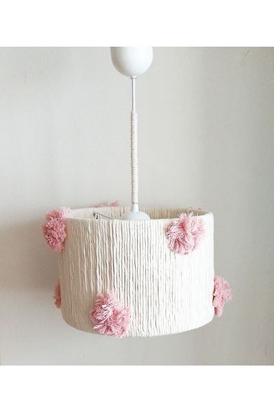 C&A&B KUZEY AVİZE Ecru Macrame Rope ملفوف باللون الوردي Pompom تصميم مصباح معلق لغرفة الأطفال والبنات