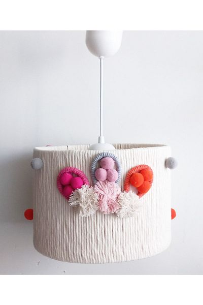 C&A&B KUZEY AVİZE Ecru Macrame Rope Wrapped Colorful Balloon and Pompom Baby Girl Kid's Room Design Pendant Lamp Chandelier