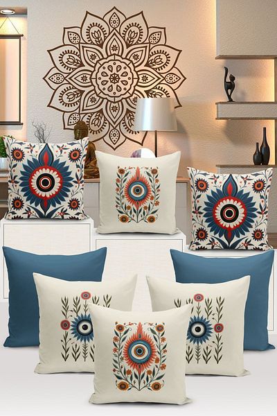 Bertille Home 8-Piece Evil Eye Series Digital Printed Throw Pillow Cover Set - Double Sided Evil Eye Pillow Cover Set