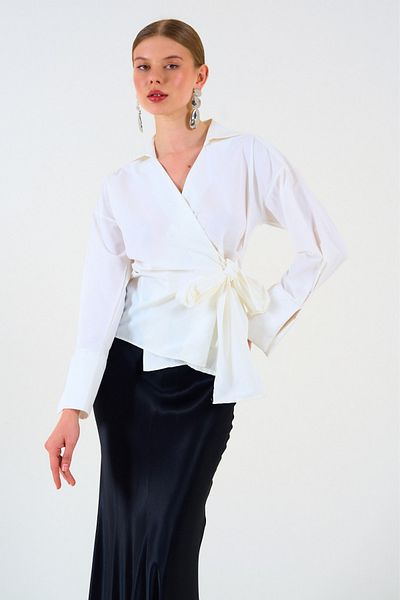 LOOSH Ecru Cotton Double Breasted Collar Tie Detailed Women's Blouse Shirt