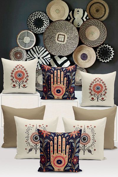 Bertille Home Σετ 8 κάλυμμα μαξιλαριού με ψηφιακή εκτύπωση σειράς Evil Eye - Σετ κάλυμμα μαξιλαριού διπλής όψης Evil Eye