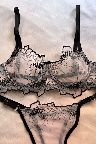 Rubuvi Μαύρο γυναικείο Brode Underwire Ruched Bralet Προίκα Σέξι φανταχτερό εσώρουχο Σουτιέν Σετ πλυντηρίου