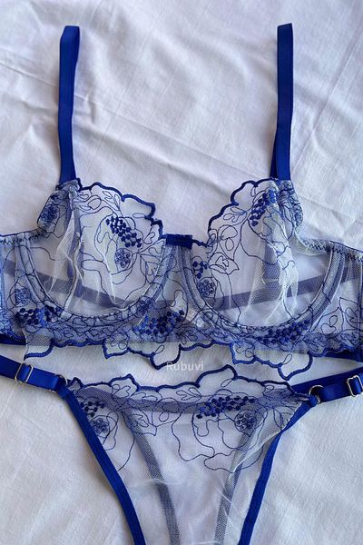 Rubuvi Blue Women Brode Underwire Ruched Bralet Dowry Sexy Fancy Interior Wear Sutiene Chiloți Set de lenjerie
