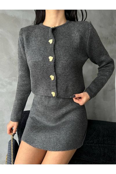 lovebox Heart Button Detailed Women's Knitwear Set - Cardigan and Mini Skirt Design - 103