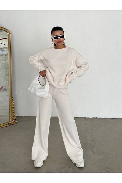 lovebox Crew Neck and Button Detailed Knitwear Sweater and Wide Leg Trousers - 104