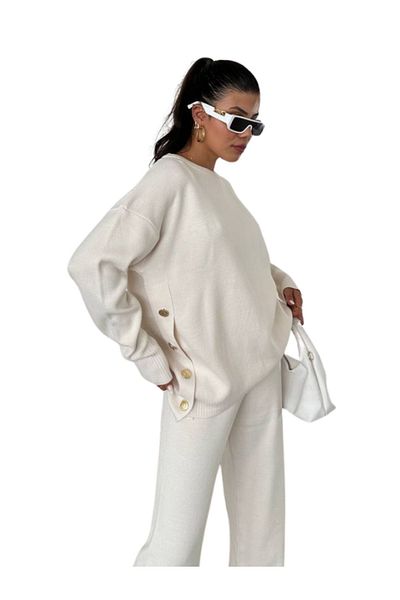 WOMAN VISION Modern Design - Metal Button Detailed Stylish Women's Knitwear Set with Sweater and Trousers - 104