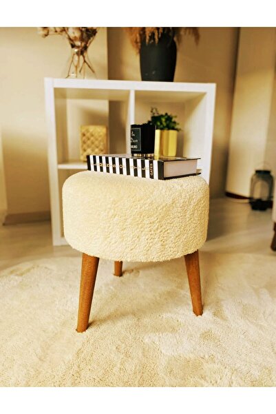 BEYLERBEYİ Coco Puf, Peluş,3 Ayak, krem,oturma Odası, Makyaj Masası Pufu