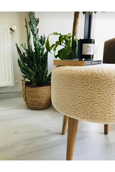 BEYLERBEYİ Coco Puf, Peluş,3 Ayak, krem,oturma Odası, Makyaj Masası Pufu