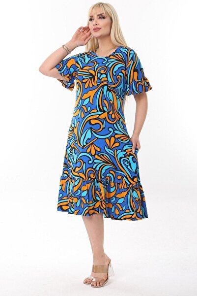 Hazinedan Women's Plus Size Black Brush Pattern Pocket Dress with Frilly Sleeves and Skirt