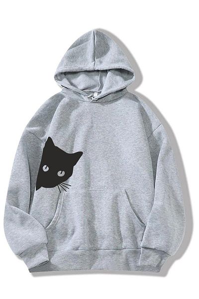 GRİLAND Γκρι φούτερ με κουκούλα Unisex Black Cat με στάμπα