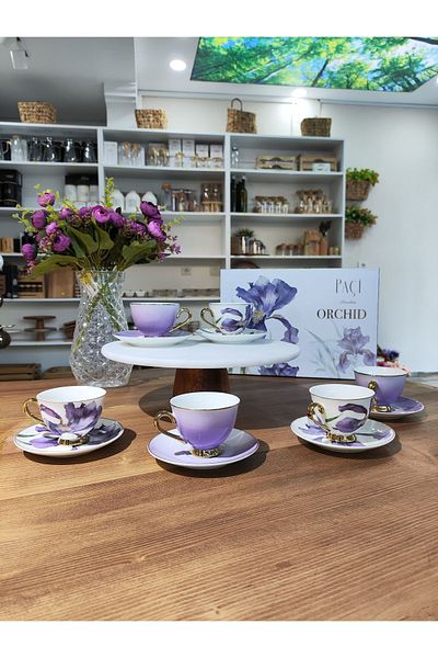 Paçi Turkish Coffee Cup Set Orchide Flowered Star 6 Person 12 Pieces