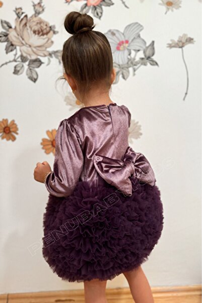 penu baby kids Mürdüm Kadife Kumaş Uzun Kollu Tütülü Kız Bebek Elbise - Velvet