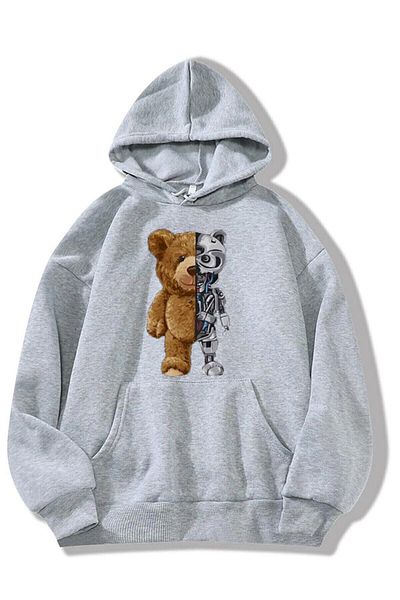 GRİLAND Γκρι φούτερ με ρομποτική στάμπα Unisex με κουκούλα