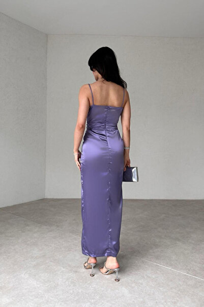 ALFUDO Moda Collection Yırtmaç Detaylı Askılı Lila Saten Elbise