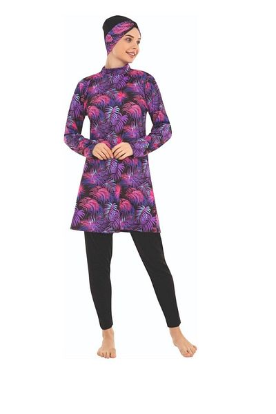 FİT1BEDEN Large Size Hawaiian Print Long Sleeve Full Covered Hijab Swimsuit