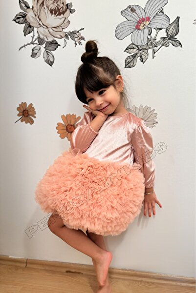 penu baby kids Pudra Kadife Kumaş Uzun Kollu Tütülü Kız Bebek Elbise - Velvet