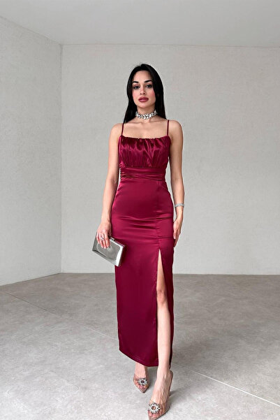 ALFUDO Moda Collection Yırtmaç Detaylı Askılı Bordo Saten Elbise