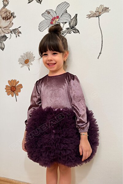 penu baby kids Mürdüm Kadife Kumaş Uzun Kollu Tütülü Kız Bebek Elbise - Velvet