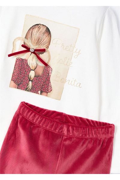 MAYORAL White-Red Velvet Blouse and Leggings Set for Girls - 4705
