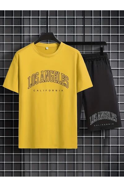 StartMore Men's Yellow''Los Angeles Printed'' Basic Oversize T-Shirt- Shorts ...