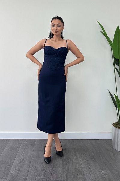 giyimmasalı Atlas Fabric Pearl Detailed Strappy Pencil Dress - NAVY BLUE