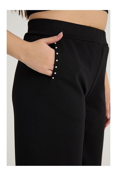 Gül Moda High Waist Lycra Women's Combed Cotton Trousers - Stone Detailed, Elastic Waist, Wide Leg G111-1