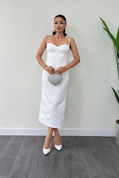 giyimmasalı Atlas Fabric Pearl Λεπτομερές Φόρεμα με Κρεμαστό Μολύβι - ΛΕΥΚΟ