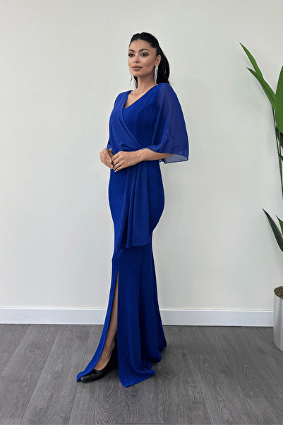 giyimmasalı Rochie de seară cu șal și șal din șifon cu sclipici - Saks Blue