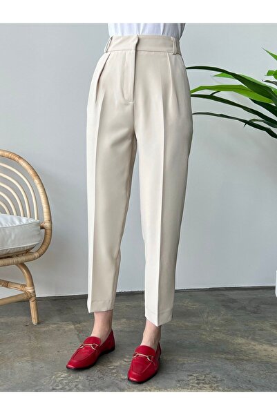 Tebessüm Life Бежов дамски панталон тип молив с висока талия