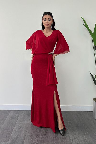 giyimmasalı Glitter Fabric Chiffon Shawl Detailed Evening Dress - Red